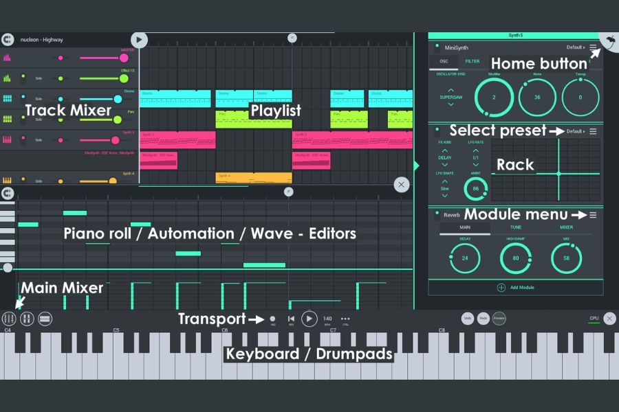 Kho nhạc cụ và tính năng mở khóa trên FL Studio Mobile Mod APK.