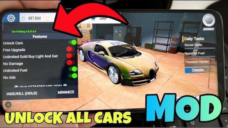 Car parking multiplayer mod menu với các tính năng hack tốc độ và mở khóa xe.
