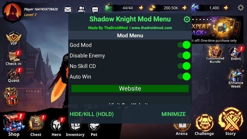 Bảng menu mod tính năng mới của shadow knight hack full tiền.