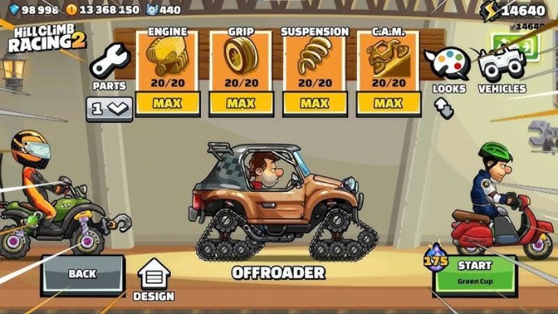 Menu Mod Hill Climb Racing 2 với các tùy chọn mua sắm miễn phí và VIP hack.