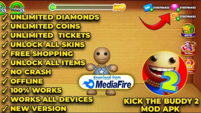 Menu mod Kick The Buddy với tính năng vô hạn tiền và vàng.