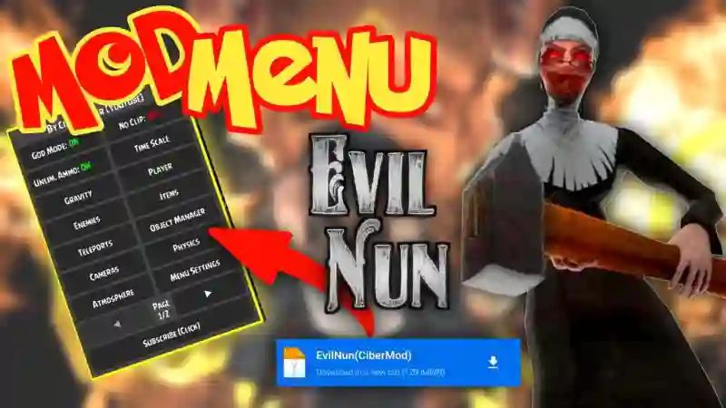 Giao diện điều khiển của evil nun mod menu nổi trên màn hình.